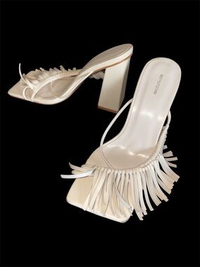 White Fringed Square-Toe Block Heel Mules 9